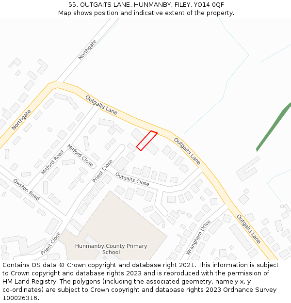 55, OUTGAITS LANE, HUNMANBY, FILEY, YO14 0QF: Location map and indicative extent of plot