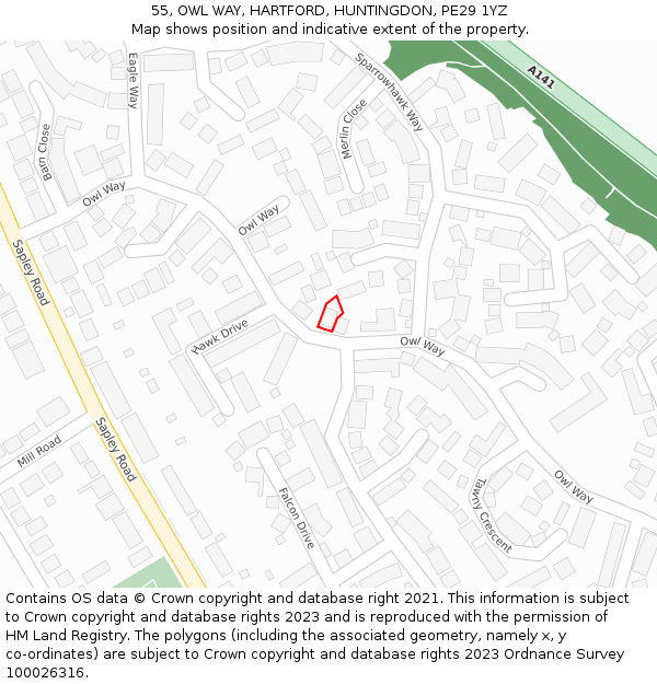 55, OWL WAY, HARTFORD, HUNTINGDON, PE29 1YZ: Location map and indicative extent of plot