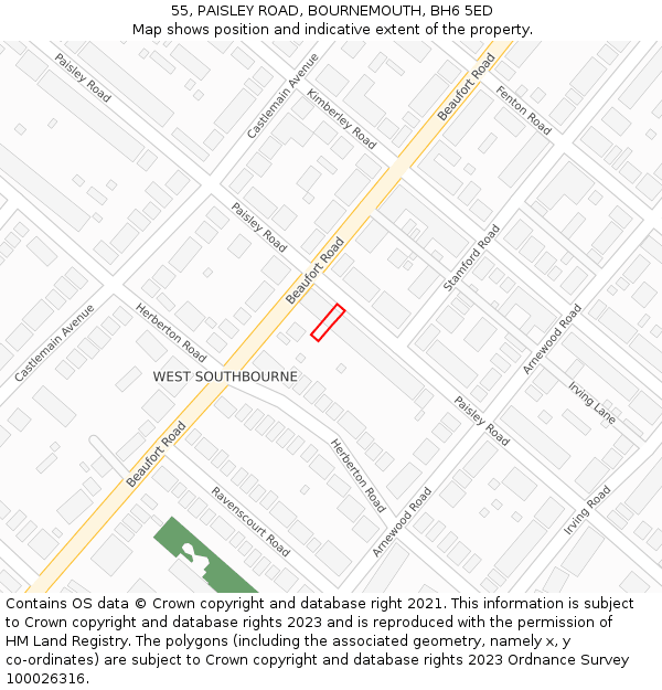 55, PAISLEY ROAD, BOURNEMOUTH, BH6 5ED: Location map and indicative extent of plot