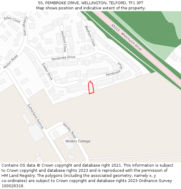55, PEMBROKE DRIVE, WELLINGTON, TELFORD, TF1 3PT: Location map and indicative extent of plot