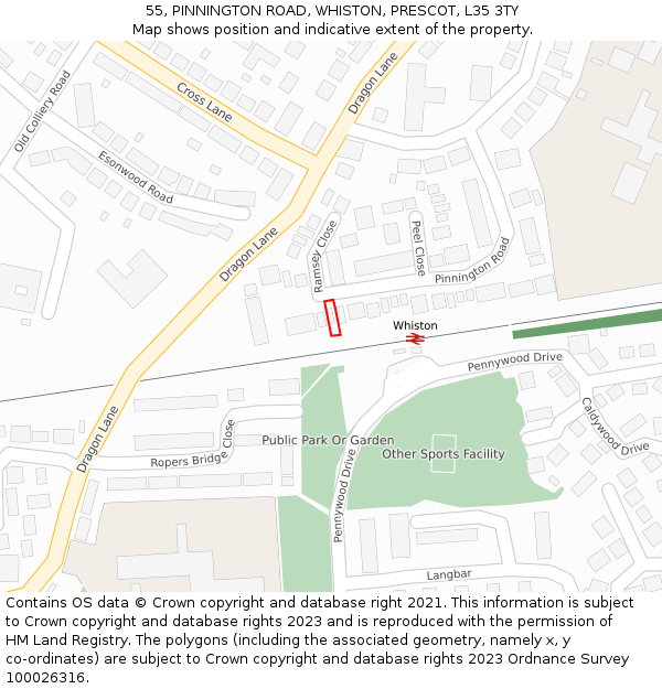 55, PINNINGTON ROAD, WHISTON, PRESCOT, L35 3TY: Location map and indicative extent of plot