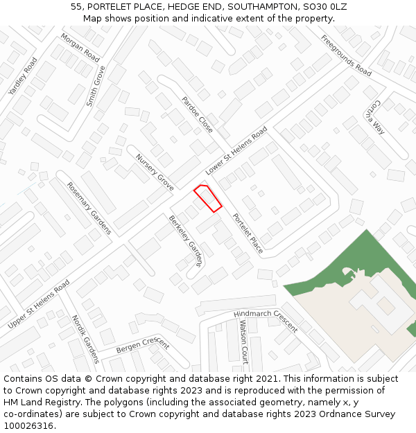 55, PORTELET PLACE, HEDGE END, SOUTHAMPTON, SO30 0LZ: Location map and indicative extent of plot