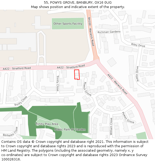55, POWYS GROVE, BANBURY, OX16 0UG: Location map and indicative extent of plot