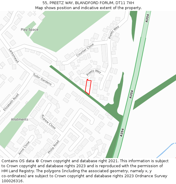 55, PREETZ WAY, BLANDFORD FORUM, DT11 7XH: Location map and indicative extent of plot