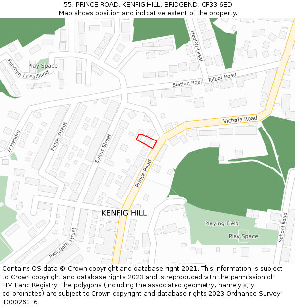 55, PRINCE ROAD, KENFIG HILL, BRIDGEND, CF33 6ED: Location map and indicative extent of plot