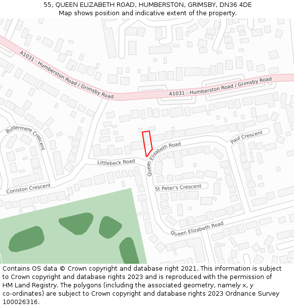 55, QUEEN ELIZABETH ROAD, HUMBERSTON, GRIMSBY, DN36 4DE: Location map and indicative extent of plot