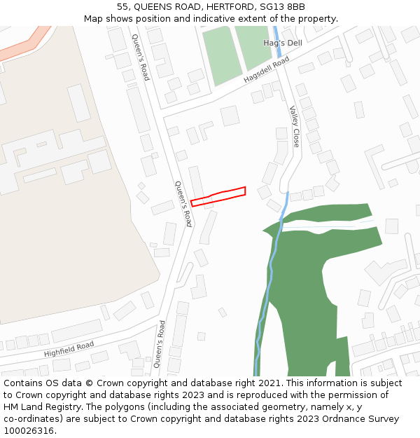 55, QUEENS ROAD, HERTFORD, SG13 8BB: Location map and indicative extent of plot