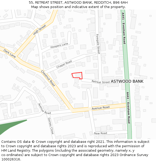 55, RETREAT STREET, ASTWOOD BANK, REDDITCH, B96 6AH: Location map and indicative extent of plot