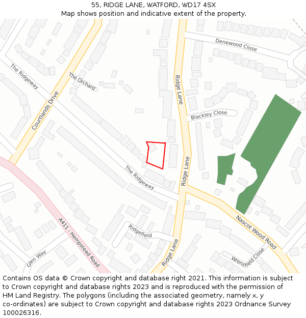 55, RIDGE LANE, WATFORD, WD17 4SX: Location map and indicative extent of plot