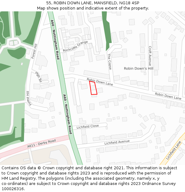 55, ROBIN DOWN LANE, MANSFIELD, NG18 4SP: Location map and indicative extent of plot
