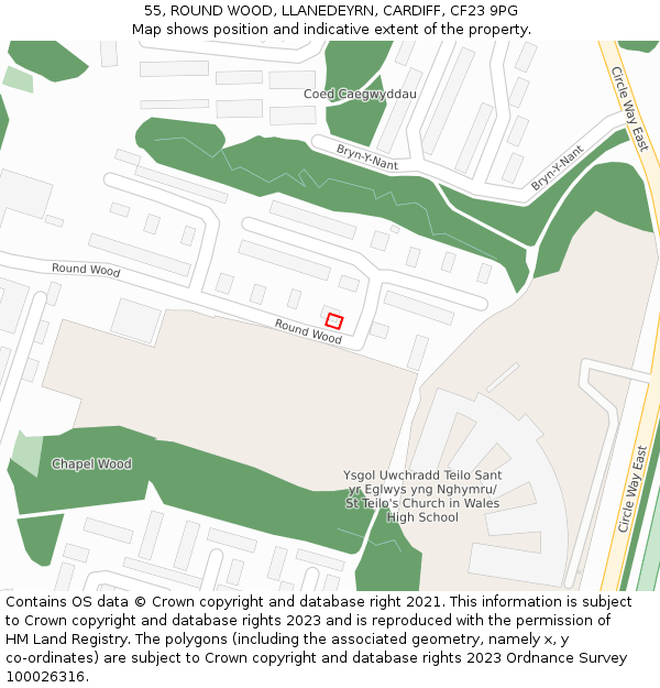 55, ROUND WOOD, LLANEDEYRN, CARDIFF, CF23 9PG: Location map and indicative extent of plot