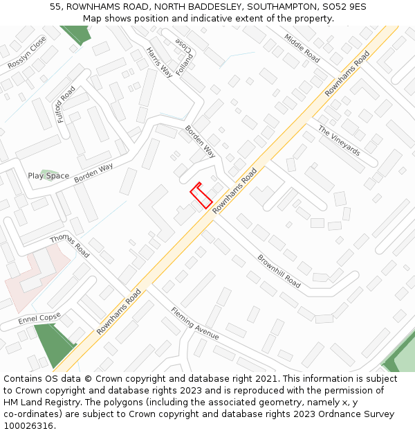 55, ROWNHAMS ROAD, NORTH BADDESLEY, SOUTHAMPTON, SO52 9ES: Location map and indicative extent of plot