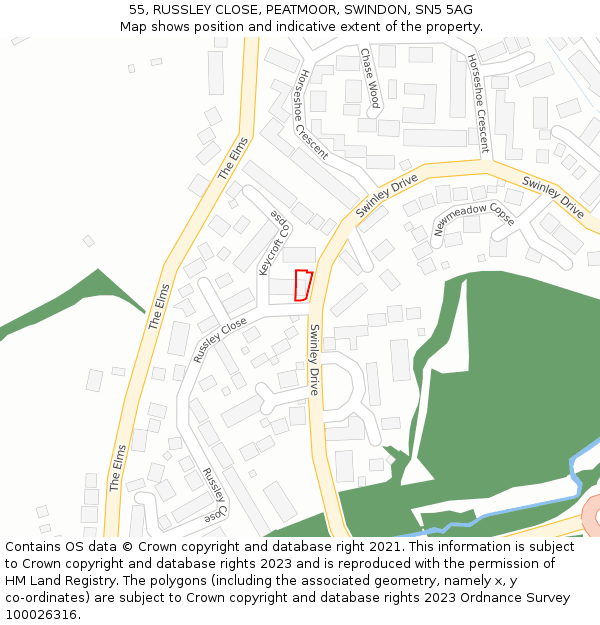 55, RUSSLEY CLOSE, PEATMOOR, SWINDON, SN5 5AG: Location map and indicative extent of plot