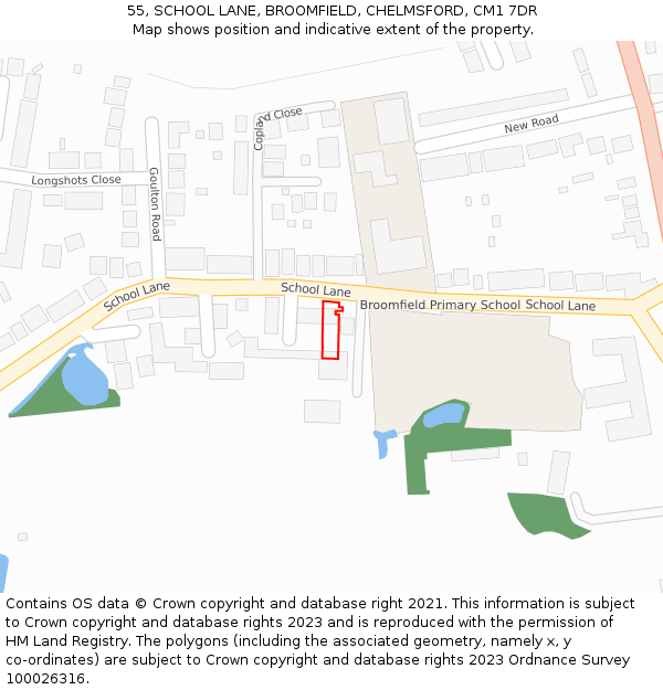 55, SCHOOL LANE, BROOMFIELD, CHELMSFORD, CM1 7DR: Location map and indicative extent of plot