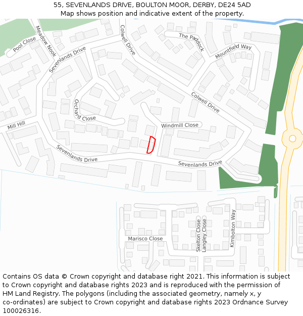 55, SEVENLANDS DRIVE, BOULTON MOOR, DERBY, DE24 5AD: Location map and indicative extent of plot
