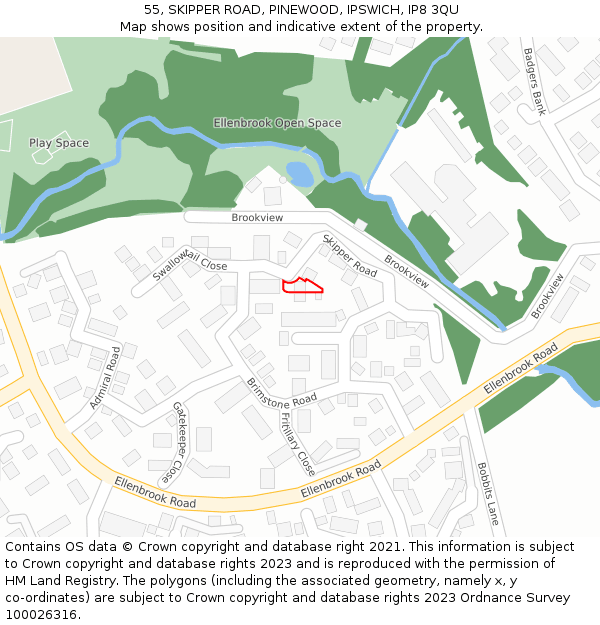 55, SKIPPER ROAD, PINEWOOD, IPSWICH, IP8 3QU: Location map and indicative extent of plot