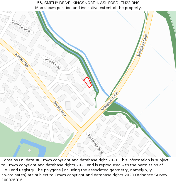 55, SMITHY DRIVE, KINGSNORTH, ASHFORD, TN23 3NS: Location map and indicative extent of plot
