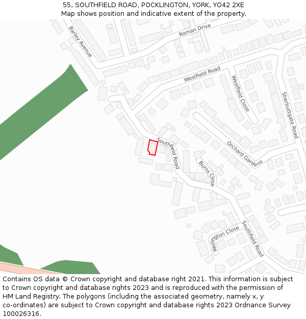 55, SOUTHFIELD ROAD, POCKLINGTON, YORK, YO42 2XE: Location map and indicative extent of plot