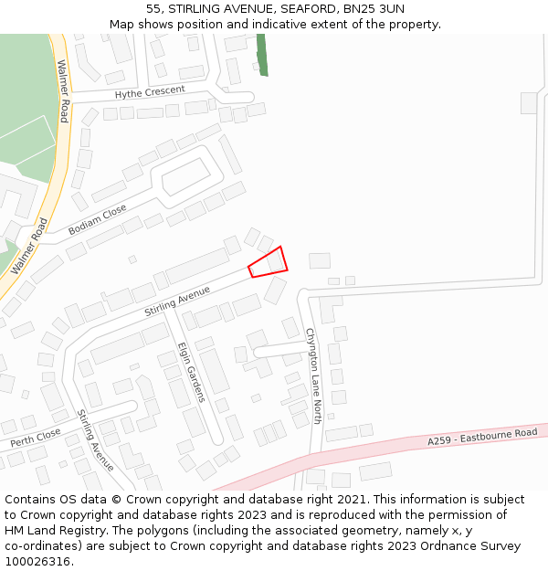 55, STIRLING AVENUE, SEAFORD, BN25 3UN: Location map and indicative extent of plot