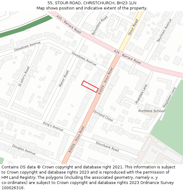 55, STOUR ROAD, CHRISTCHURCH, BH23 1LN: Location map and indicative extent of plot