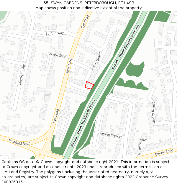 55, SWAN GARDENS, PETERBOROUGH, PE1 4SB: Location map and indicative extent of plot