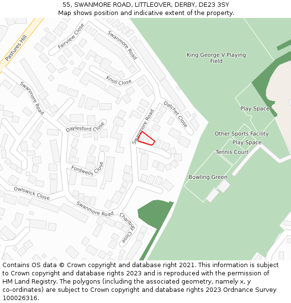 55, SWANMORE ROAD, LITTLEOVER, DERBY, DE23 3SY: Location map and indicative extent of plot