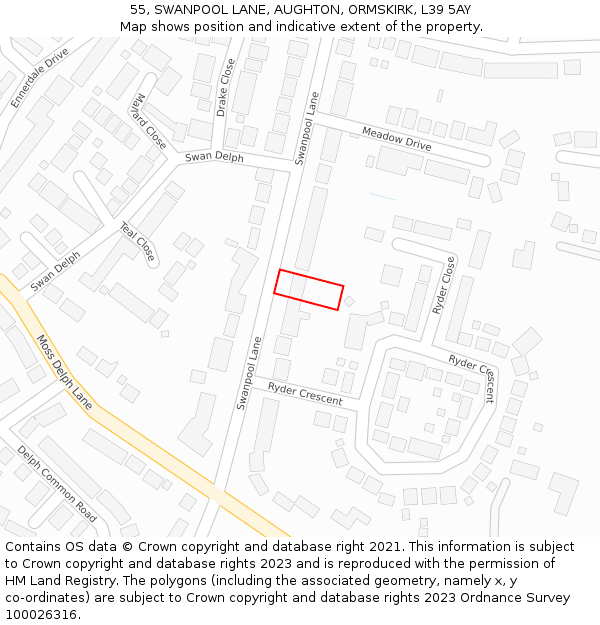 55, SWANPOOL LANE, AUGHTON, ORMSKIRK, L39 5AY: Location map and indicative extent of plot