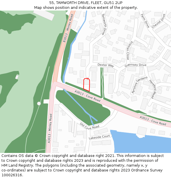 55, TAMWORTH DRIVE, FLEET, GU51 2UP: Location map and indicative extent of plot