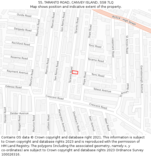 55, TARANTO ROAD, CANVEY ISLAND, SS8 7LQ: Location map and indicative extent of plot