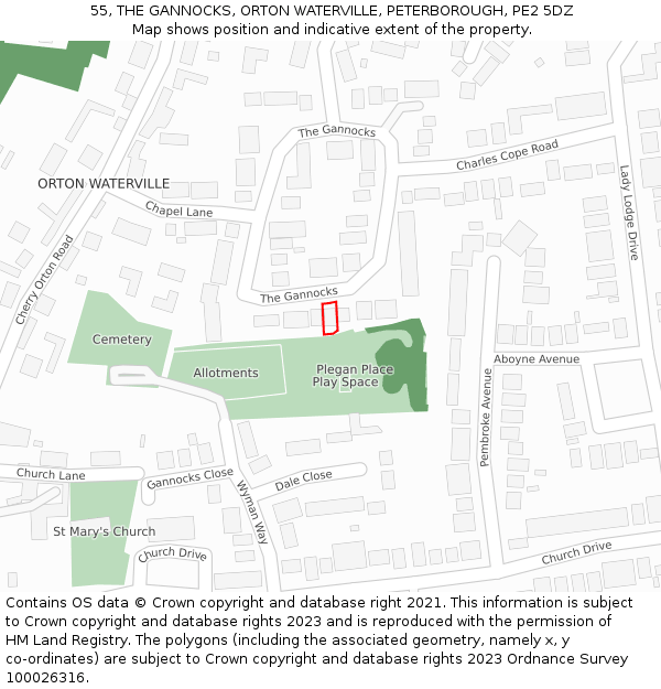 55, THE GANNOCKS, ORTON WATERVILLE, PETERBOROUGH, PE2 5DZ: Location map and indicative extent of plot