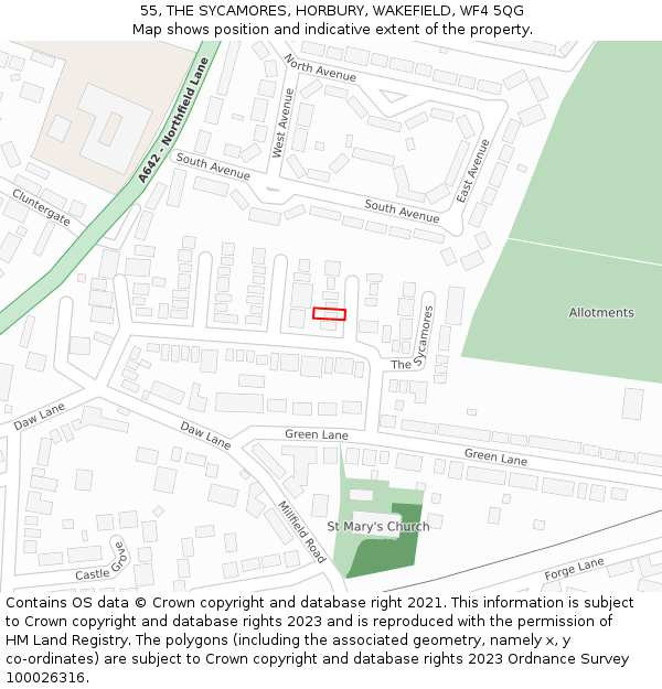 55, THE SYCAMORES, HORBURY, WAKEFIELD, WF4 5QG: Location map and indicative extent of plot