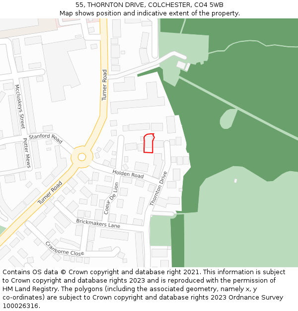 55, THORNTON DRIVE, COLCHESTER, CO4 5WB: Location map and indicative extent of plot