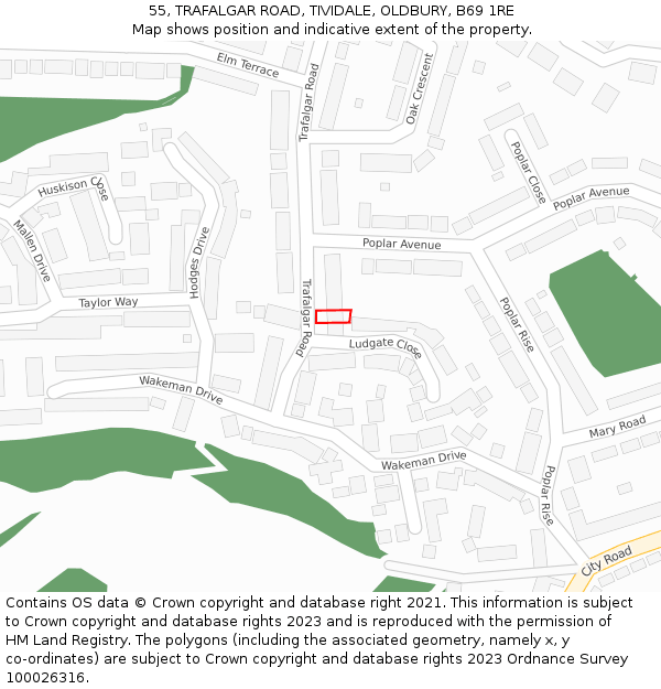 55, TRAFALGAR ROAD, TIVIDALE, OLDBURY, B69 1RE: Location map and indicative extent of plot