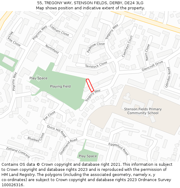 55, TREGONY WAY, STENSON FIELDS, DERBY, DE24 3LG: Location map and indicative extent of plot