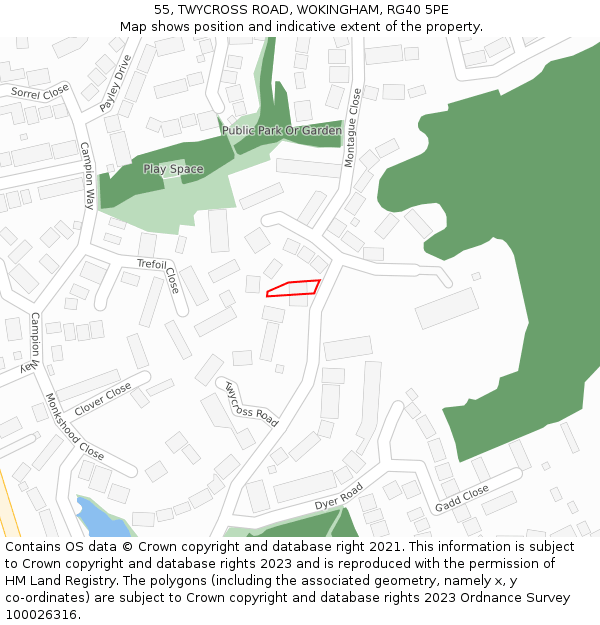 55, TWYCROSS ROAD, WOKINGHAM, RG40 5PE: Location map and indicative extent of plot