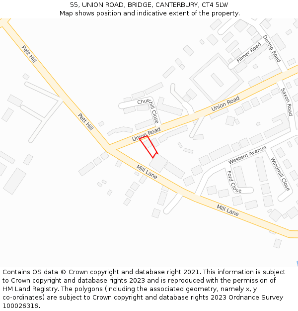 55, UNION ROAD, BRIDGE, CANTERBURY, CT4 5LW: Location map and indicative extent of plot