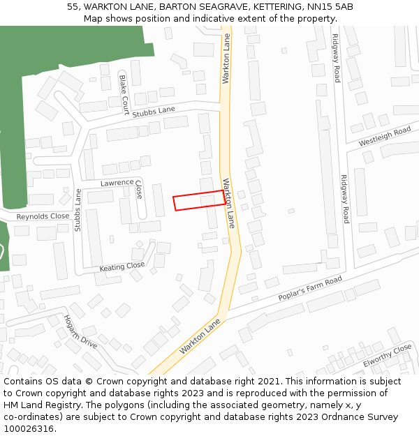 55, WARKTON LANE, BARTON SEAGRAVE, KETTERING, NN15 5AB: Location map and indicative extent of plot