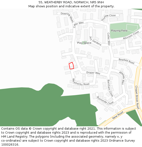55, WEATHERBY ROAD, NORWICH, NR5 9NH: Location map and indicative extent of plot