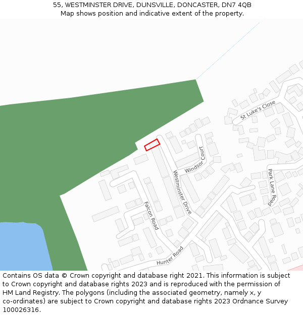 55, WESTMINSTER DRIVE, DUNSVILLE, DONCASTER, DN7 4QB: Location map and indicative extent of plot