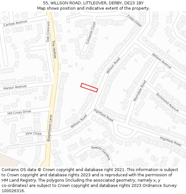 55, WILLSON ROAD, LITTLEOVER, DERBY, DE23 1BY: Location map and indicative extent of plot