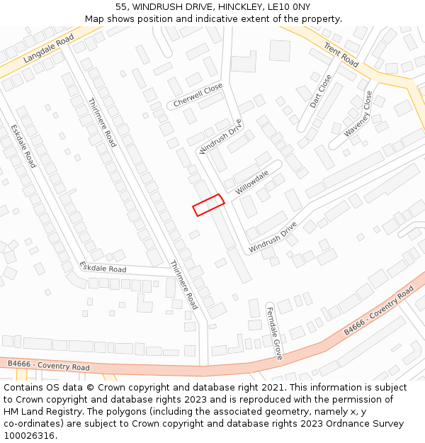 55, WINDRUSH DRIVE, HINCKLEY, LE10 0NY: Location map and indicative extent of plot