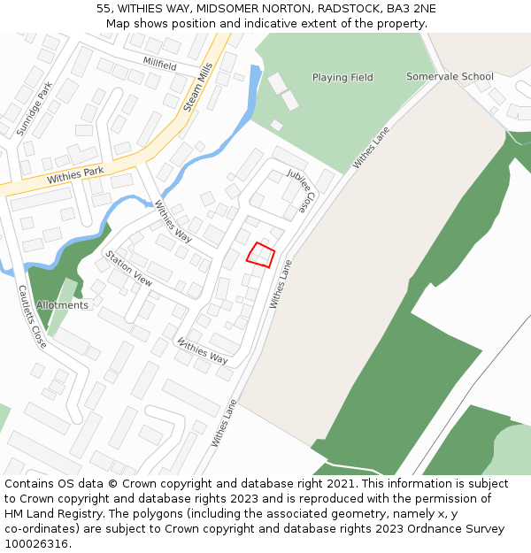 55, WITHIES WAY, MIDSOMER NORTON, RADSTOCK, BA3 2NE: Location map and indicative extent of plot