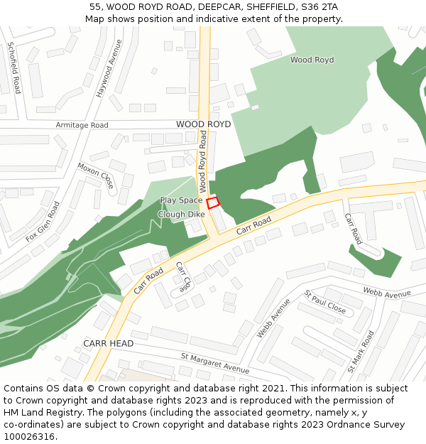 55, WOOD ROYD ROAD, DEEPCAR, SHEFFIELD, S36 2TA: Location map and indicative extent of plot