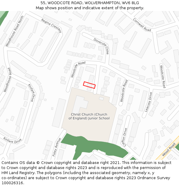 55, WOODCOTE ROAD, WOLVERHAMPTON, WV6 8LG: Location map and indicative extent of plot