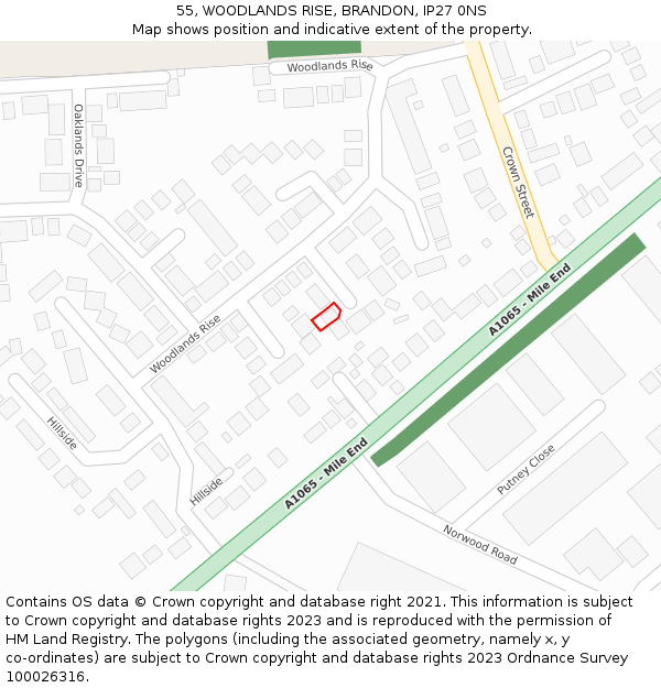 55, WOODLANDS RISE, BRANDON, IP27 0NS: Location map and indicative extent of plot