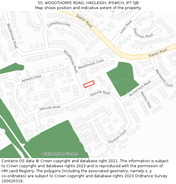 55, WOODTHORPE ROAD, HADLEIGH, IPSWICH, IP7 5JB: Location map and indicative extent of plot