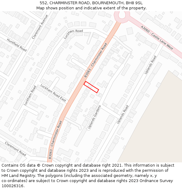 552, CHARMINSTER ROAD, BOURNEMOUTH, BH8 9SL: Location map and indicative extent of plot