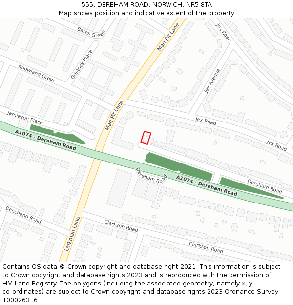 555, DEREHAM ROAD, NORWICH, NR5 8TA: Location map and indicative extent of plot