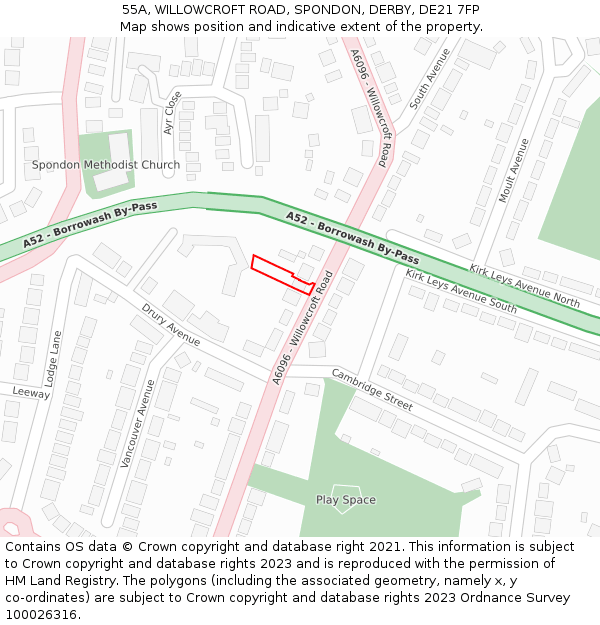 55A, WILLOWCROFT ROAD, SPONDON, DERBY, DE21 7FP: Location map and indicative extent of plot