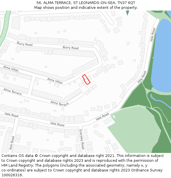56, ALMA TERRACE, ST LEONARDS-ON-SEA, TN37 6QT: Location map and indicative extent of plot